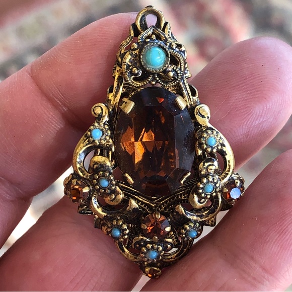 Vintage Ornate Pendant Art Nouveau Brass Czech Amber Glass & Turquoise Stones - Picture 1 of 6